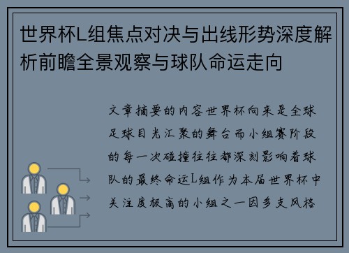 世界杯L组焦点对决与出线形势深度解析前瞻全景观察与球队命运走向