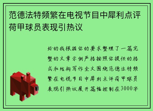 范德法特频繁在电视节目中犀利点评荷甲球员表现引热议
